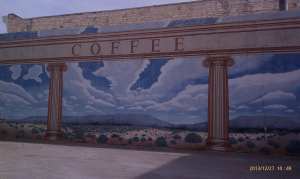 A mural depicts architecture, coffee, and so much more.